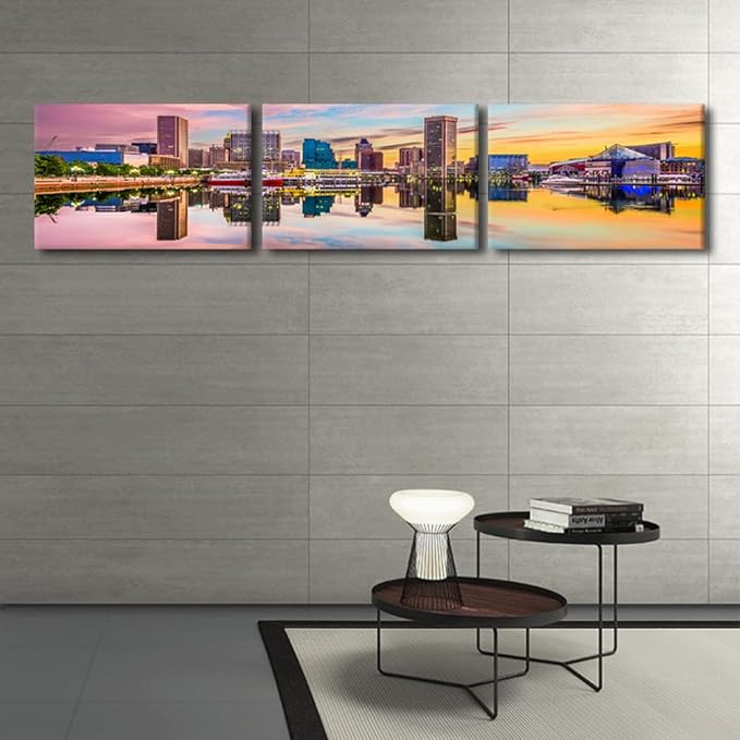 Canvas Wall Art for Living Room Baltimore Maryland Modern Home Decor USA Skyline on the Inner Harbor HD Printed Posters for Bedroom Office Wall Art Painting Bathroom Pictures Ready to Hang 16x72 Inch