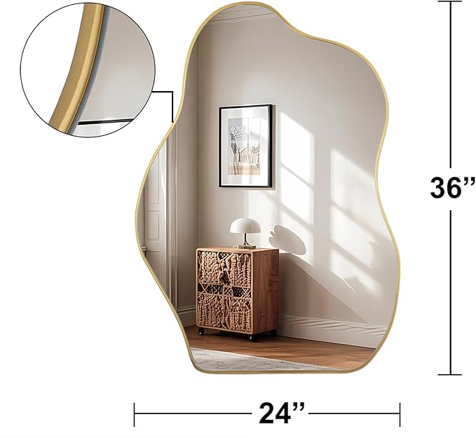 BOMINICA Irregular Wall Mirror Asymmetrical Mirror, Decorative Wall Mirror Golden Wood Framed, Wall Mounted Mirror for Bathroom Living Room Entryway Bedroom Hallway (Gold, 24" x 36")