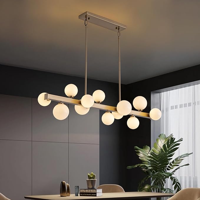 12 Lights Modern Gold Chandelier, L43.3 Linear Frosted Glass Globe Pendant Light, Mid Century Hanging Lighting Fixture for Kitchen Island, Dining Room, Living Room