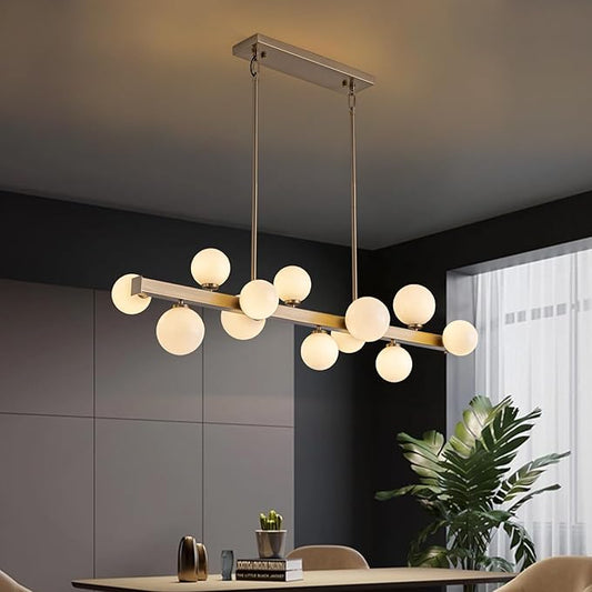 12 Lights Modern Gold Chandelier, L43.3 Linear Frosted Glass Globe Pendant Light, Mid Century Hanging Lighting Fixture for Kitchen Island, Dining Room, Living Room