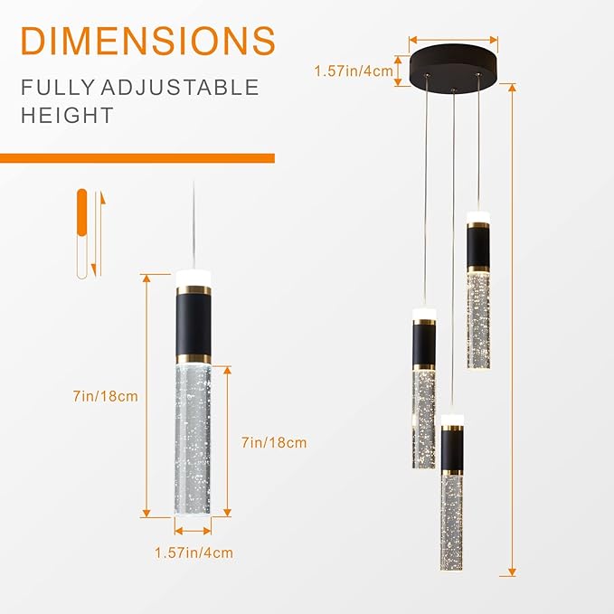 3-Light LED Pendant Light Modern Chandelier Hanging Chandelier Light Fixtures Adjustable Modern Led Pendant Ceiling Light Fixture for Kitchen, Island,Dining Room,Bedroom