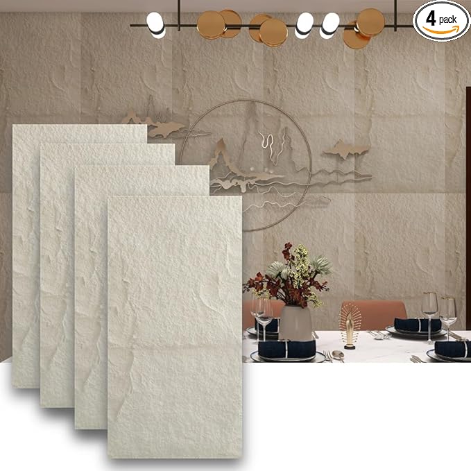 4-Pack 3D PU Stone Wall Panels for Interior Decor Faux Stone Accent Tiles, White, 47.24"x23.62"x(0.6"-1.18") Waterproof & Lightweight 3D Wall Design
