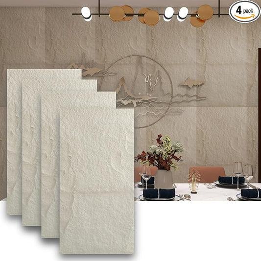 4-Pack 3D PU Stone Wall Panels for Interior Decor Faux Stone Accent Tiles, White, 47.24"x23.62"x(0.6"-1.18") Waterproof & Lightweight 3D Wall Design