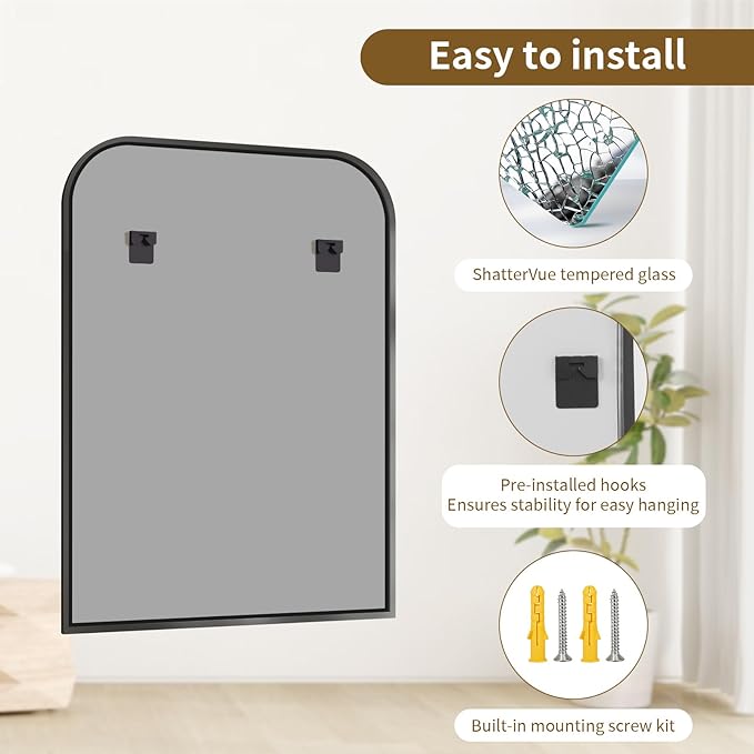 Black Wall Mounted Bathroom Mirror - 36 x 24 Inch Round Cruved Top Right Angle Bottom Wall Mirror, Aluminum Metal Framed, Decor for Living Room, Bedroom, Fireplace, Mantle, Entryway