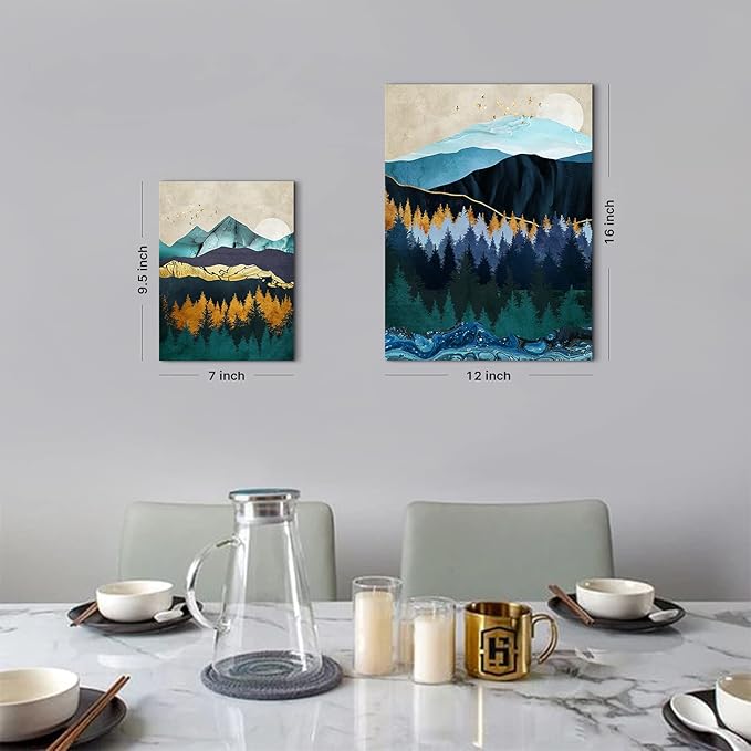 Abstract Mountain Canvas Wall Art Decor Modern Boho Nature Wood Landscape Painting Poster Minimalist Navy Blue Forest Picture Framed Artwork Home Decorations Bathroom Bedroom 24x32 inch 3 Sets