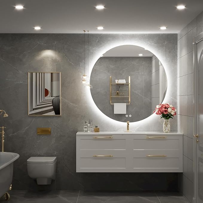 24 Inch Round LED Bathroom Mirror - 6000K Daylight Backlit, Anti-Fog & Dimmable, Frameless Waterproof Mirror with Touch Control, CRI90+, IP54 for Vanity & Makeup