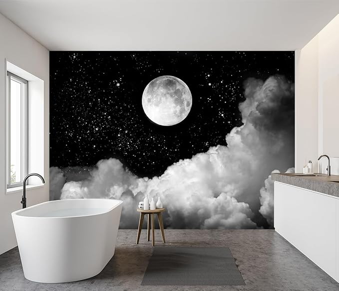 -Gray Galaxy Universe Moon Fabric Wallpaper Ceiling Starry Night White Clouds Living Room Bedroom Bathroom Boys and Girls Children's Room Large Mural- 160"x108"（ not Peel and Stick）