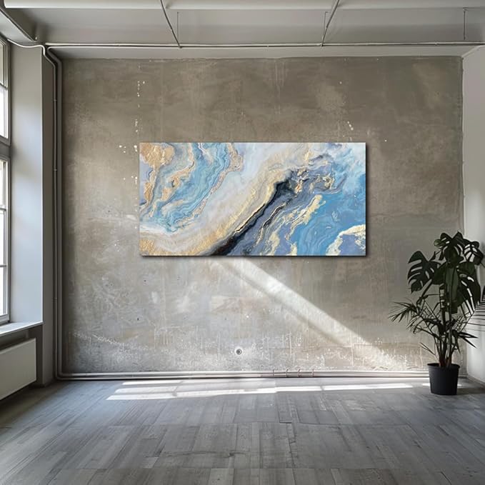 Abstract Canvas Wall Art Decor for Living Room Blue Gold Marbling Pictures Painting for Bedroom Modern Abstract Canvas Art Ptints for Bathroom Office Home Decorations