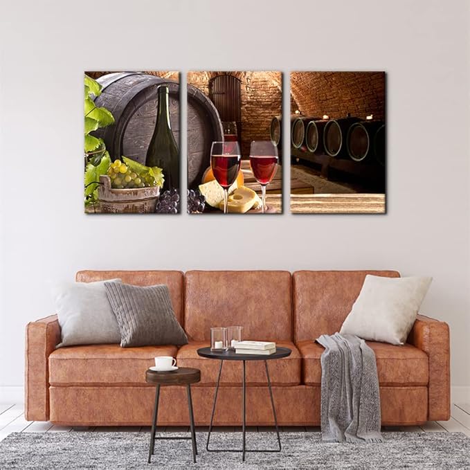 Kitchen Wall Art Red Wine Cellar Pictures Wooden Barrel and Fruit Grape Painting for Living Room 3 Panel Canvas Artwork House Modern Decor Giclee Posters Prints Framed Ready to Hang - 16 x 24 inch x 3