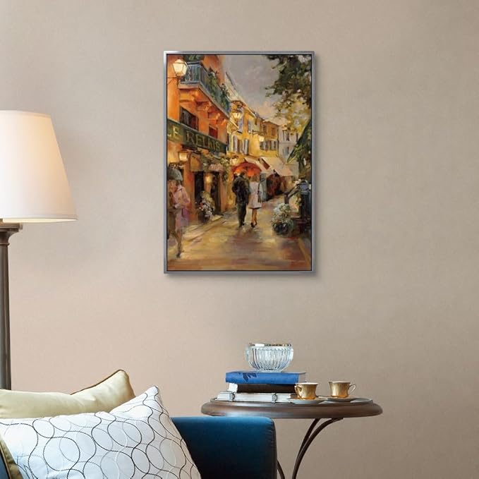 CANVAS ON DEMAND Evening in Paris Silver Float Framed Canvas Wall Art Print by Marilyn Hageman, Traditional, Home Decor, Street Scene Artwork, Nature Artwork, 20" x30in