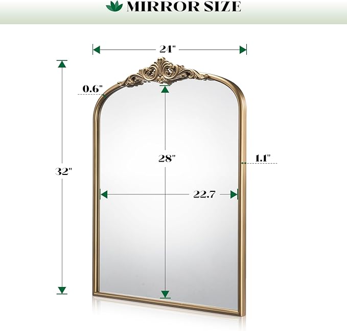 Arched Antique Wall Mirror, 24"x32" Vintage Gold Bathroom Vanity Mirror, Ornate Arch Bronze Mirror for Over Sink/Fireplace/Entryway