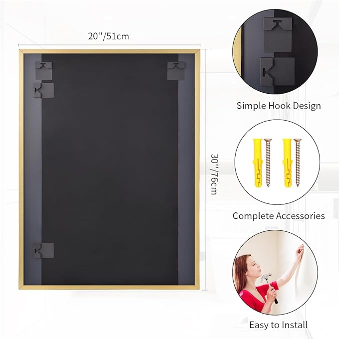 Koonmi Gold Rectangle Wall Mirror, 20x30 Inch Bathroom Mirror, Aluminum Frame Vanity Mirror for Entryway, Living Room, Bedroom Bathroom, Hangs Horizontally or Vertically