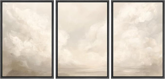 MUDECOR Framed Wall Art Print Set Neutral Cloudscape Soft Beige Abstract Sky Illustrations Modern Art Boho Decorative Colorful Chic for Living Room, Bedroom, Office - 24"x36"x3 Black