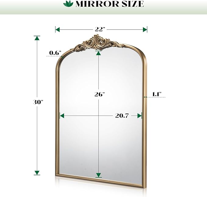 Arched Antique Wall Mirror, 22"x30" Vintage Gold Bathroom Vanity Mirror, Ornate Arch Bronze Mirror for Over Sink/Fireplace/Entryway