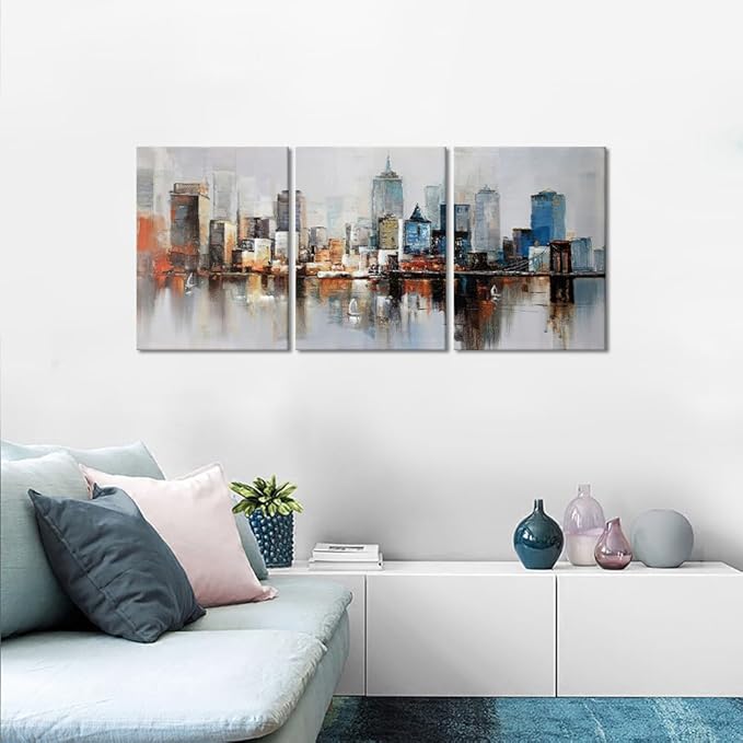 MAMAGO 3 Panel Vintage New York City Wall Decor Modern Abstract Cityscape Canvas Print Poster for Bedroom Living Room Office Wall Art Framed Ready to Hang-12”W x 16”Hx3pcs