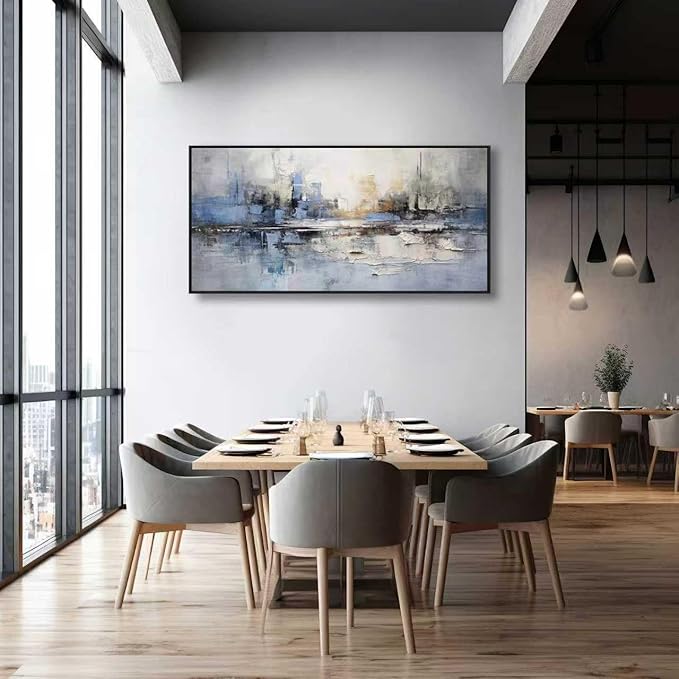 Abstract Wall Art Blue and White Reflection Large Size Framed Artwork Wall Decor Canvas Painting Stretched Canvas Wooden for Living Room Bedroom Office Home Decor Frame ready for hanging 31"x70"