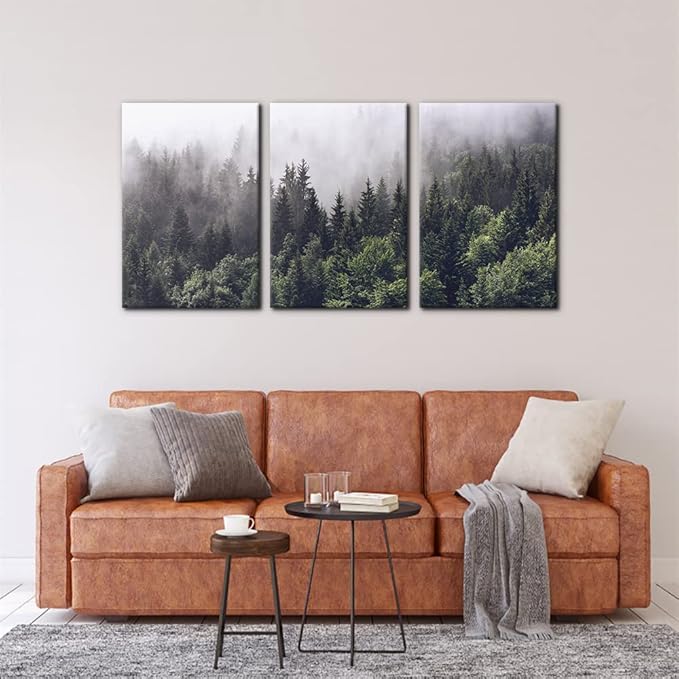 Pacimo Canvas Wall Art Fog Over Pine Tree Forest Nature Wilderness Photography Modern Art Rustic Landscape Relax/Calm Cool for Wall Decor Giclee Artwork Stretch Framed Ready to Hang - 16"x24"x3