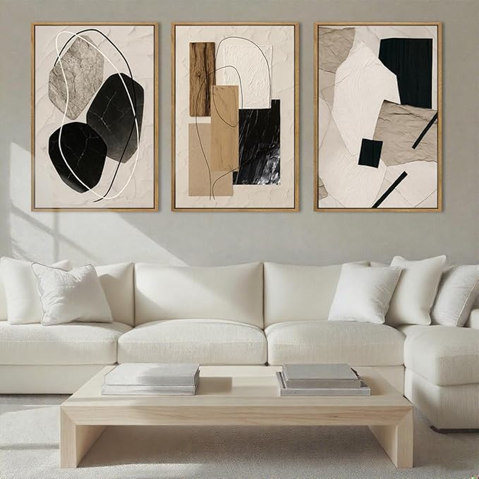 Large Abstract Paintings Framed Neutral Canvas Prints Mid Century Modern Wall Art for Living Room Bedroom Bathroom 36x24 Inch 3 Piece