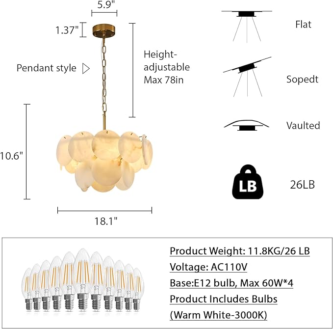 Alabaster Chandelier, 18.1" Natural Spanish Marble Stone Texture Chandeliers, 4-Light Dimmable Round Alabaster Chandelier, Modern Luxury Lighting for Living Room, Dining Room, Bedroom, Hallway