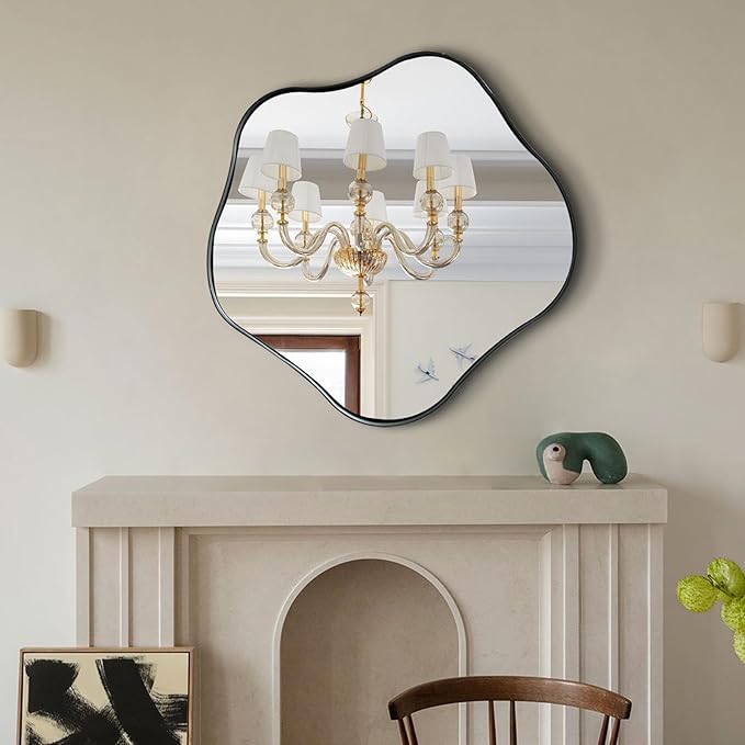 Asymmetrical Mirror, 24" Irregular Shaped Mirror for Wall, Wavy Round Mirrors Decorative, Modern Elegant Scalloped Vanity Mirrors for Living Room Bathroom Bedroom Hallway Entryway Fireplace