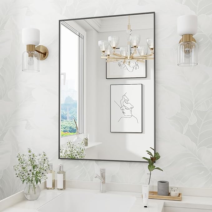 Koonmi Black Rectangle Wall Mirror, 20x30 Inch Bathroom Mirror, Aluminum Frame Vanity Mirror for Entryway, Living Room, Bedroom Bathroom, Hangs Horizontally or Vertically