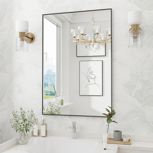 Koonmi Black Rectangle Wall Mirror, 24x32 Inch Bathroom Mirror, Aluminum Frame Vanity Mirror for Entryway, Living Room, Bedroom Bathroom, Hangs Horizontally or Vertically