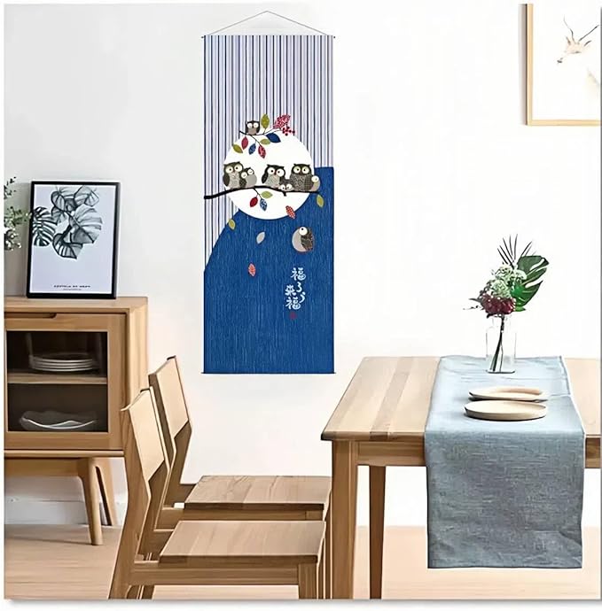 Japanese Tapestry Wall Art Scroll - Feng Shui & Lucky Symbols | W15.7xH47.2", Extra Long Vertical Hanging Decor for Bedroom, Living Room, Office | (Owl) CTT-128