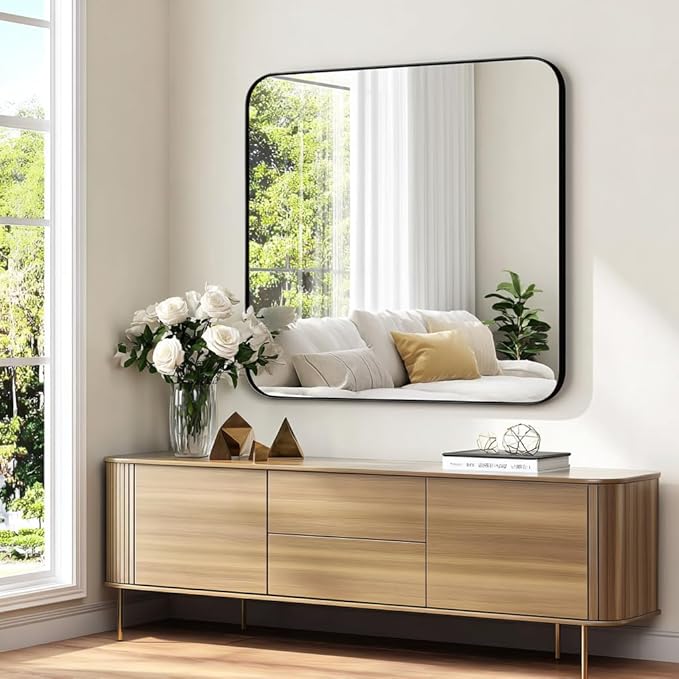 KOCUUY 42"x42" Large Square Vanity Mirror, Black Metal Frame Mirror with Rounded Corner, Modern Design of Upgraded Shatterproof Glass for Bathroom, Bedroom, Living Room, Entryway