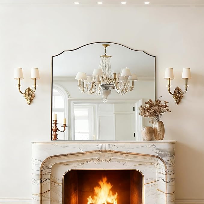 ANDY STAR Scalloped Arched Mantel Mirror, 32x28 Inch Brushed Gold Vanity Mirror in Stainless Steel Metal Frame, Vintage Wall Mirrors for Fireplace, Bedroom, Living Room, Entryway Hangs Vertically