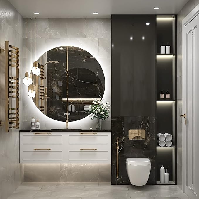 28 Inch Round LED Bathroom Mirror - 6000K Daylight Backlit, Anti-Fog & Dimmable, Frameless Waterproof Mirror with Touch Control, CRI90+, IP54 for Vanity & Makeup