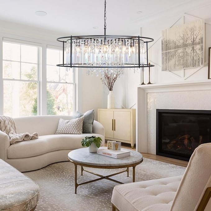 Modern Black Crystal Chandelier, Round Industrial Farmhouse Pendant Light Fixture for Dining Room, Kitchen Island, Living Room, Bedroom, Entryway Lighting