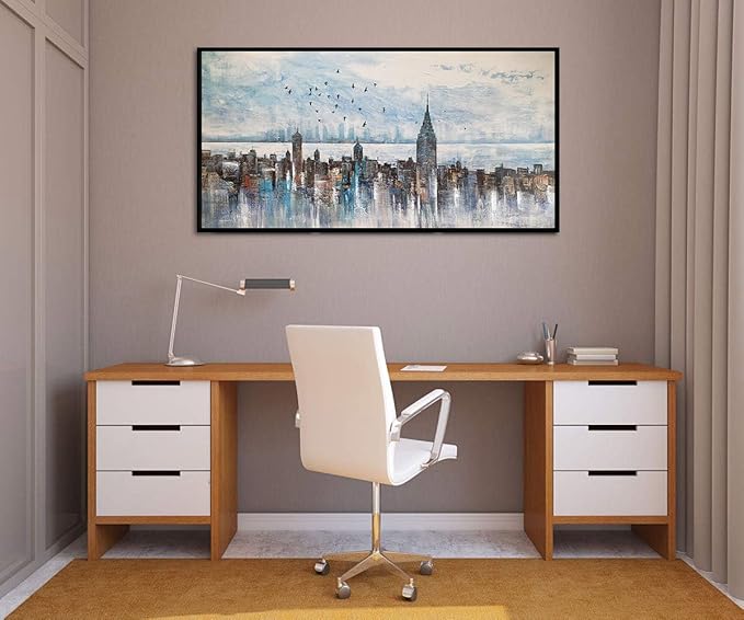 Arjun Cityscape Wall Art New York City Buildings Picture Modern Abstract Grey Skyline Birds NYC Painting Artwork for Bedroom Living Room Bathroom Home Office Decor, Large Size Black Framed 48"x24"