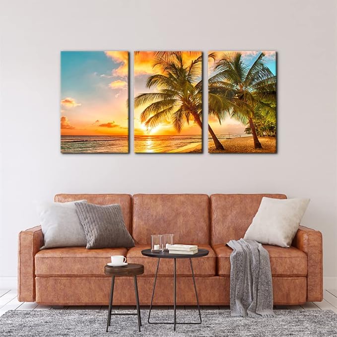 3 Panels Sea Landscape Modern Wall Art Ocean Sunset Canvas Prints Sea Beach Pictures Painting on Canvas Wall Art for Home Decor Gallery Wrapped Tropical Scenery Seascape Giclee Artwork - 16"x24"x3