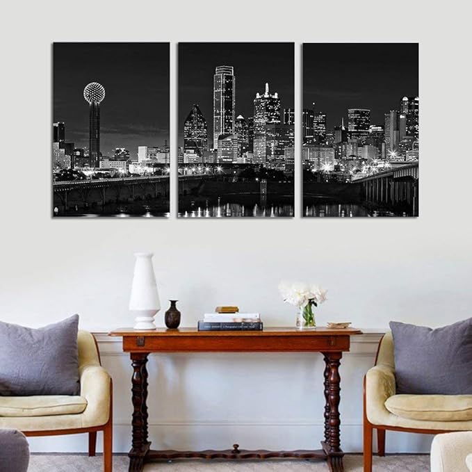 NAN Wind 3 Pcs Wall Art Dallas Skyline Black & White Canvas Art Paintings For Room Decor Dallas Cityscape Skyscrapers Night Scene Picture Prints On Canvas For Home Decor Modern Giclee Framed