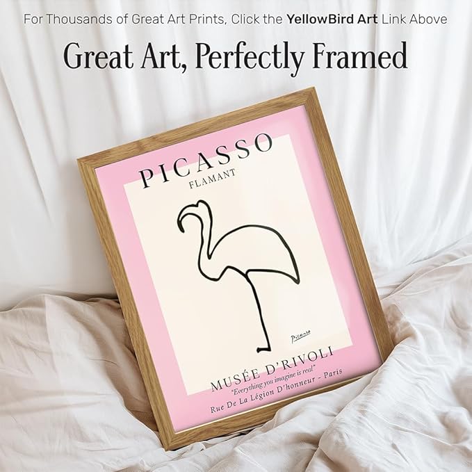 Pablo Picasso Poster 8x10 FRAMED - Mid-Century Modern Decor - Minimalist Room Decor - Abstract Wall Art - Gallery Picture - Pink Flamingo Print - Line Art Wall Museum Poster - Tropical Beach House