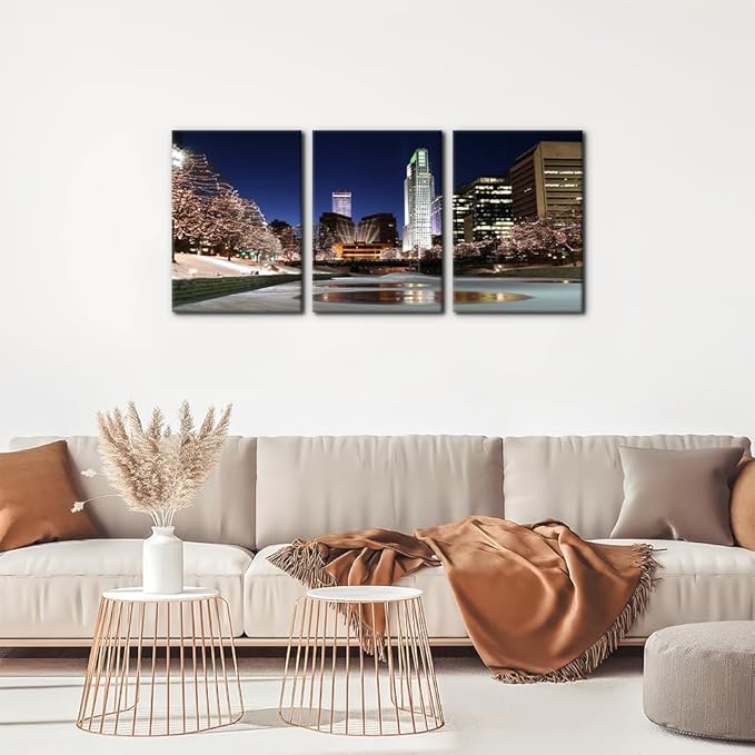 Pacimo Canvas Wall Art Decor Omaha Cityscape Modern Artwork for Wall Painting City Skyline Night View Pictures Gallery Wrapped Posters and Prints Stretch and Framed Ready to Hang - 12"x16"x3 Panels