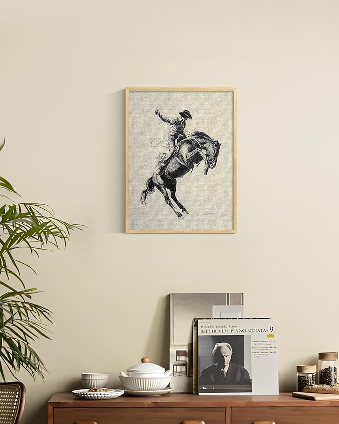 ARPEOTCY Small Framed Canvas Wall Art, 12x16in, Vintage Sketch Cowboy Horse Art, Western Room Wall Decor for Bedroom Shelf, Country Retro Artwork