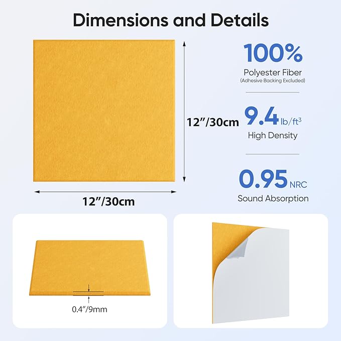 12 Pack 12" X 12" X 0.4" Acoustic Panels for Wall Sound Absorbing,Square Self-Adhesive Sound Panels, High Density Suitable for Multiple Scenarios(Orange)