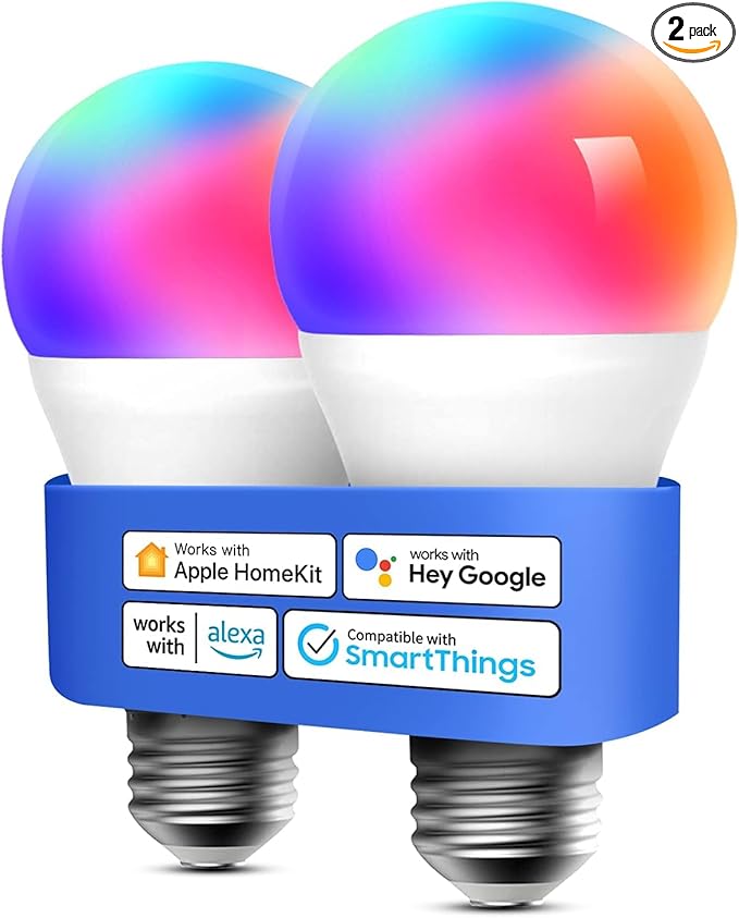 meross Smart LED Light Bulb, Smart WiFi LED Bulbs Compatible with Apple HomeKit, Siri, Alexa, Google Home & SmartThings, Dimmable E26 Multicolor 2700K-6500K RGBWW, 810 Lumens 60W Equivalent, 2 Pack