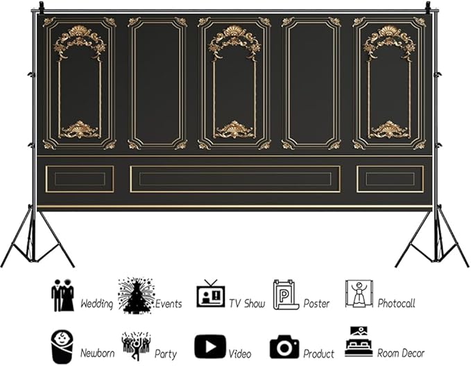 Leyiyi 20x10ft Gold Black Vintage Room Inside Backdrop European Frame Modern House French Castle Cementery Wall Retro Style Photo Background Cowboy Kids Birthday Portrait Studio Props Vinyl Wallpaper