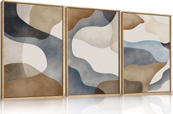 Large Abstract Watercolor Block Framed Canvas Wall Art,Colorful Neutral Geometric Wall Decor,Beige Blue and Brown Artwork,Modern Minimalist Line Art Print for Living Room,Bedroom- 16"x24"x3