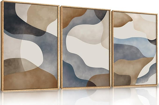 Large Abstract Watercolor Block Framed Canvas Wall Art,Colorful Neutral Geometric Wall Decor,Beige Blue and Brown Artwork,Modern Minimalist Line Art Print for Living Room,Bedroom- 16"x24"x3