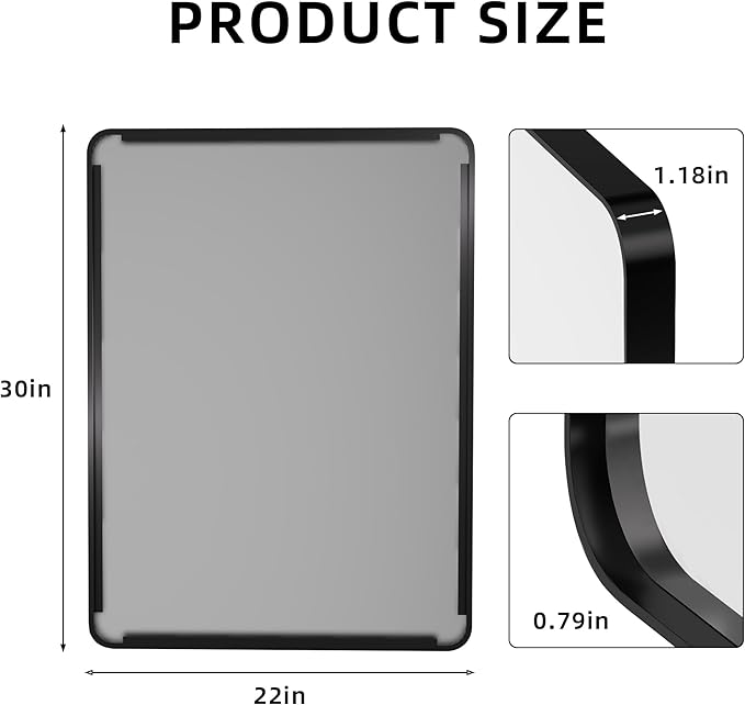 Kosmonia 30x22 Bathroom Vanity Mirror for Wall, Aluminum Framed, Farmhouse Rectangle, Anti-Rust, HD Reflection Anti-Desilvering, Distortion Free, Tempered and Shatter-Proof Wall Mounted Mirror, Black