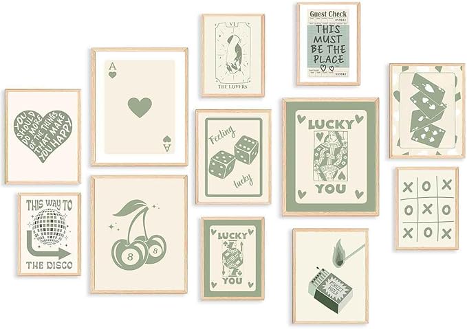 KBKBART Green Lucky Poster Set of 12, Retro Sage Green Playing Card Wall Art, Trendy Green Wall Art Aesthetic Pictures, Poker Room Decor, Funky Ace Card Prints Queen of Hearts Decor, Lucky You Poster for Bedroom Dorm Decor - UNFRAMED
