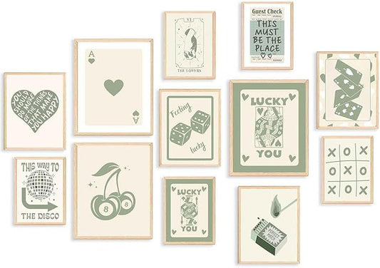 KBKBART Green Lucky Poster Set of 12, Retro Sage Green Playing Card Wall Art, Trendy Green Wall Art Aesthetic Pictures, Poker Room Decor, Funky Ace Card Prints Queen of Hearts Decor, Lucky You Poster for Bedroom Dorm Decor - UNFRAMED