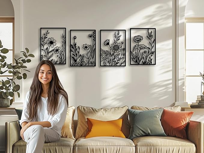 Metal Flowers Wall Décor Minimalist Metal Wall Art for Living Room Bedroom Bathroom, Black Abstract Flowers Line Hanging Art 3D Textured Wall Sculptures 4 Pcs