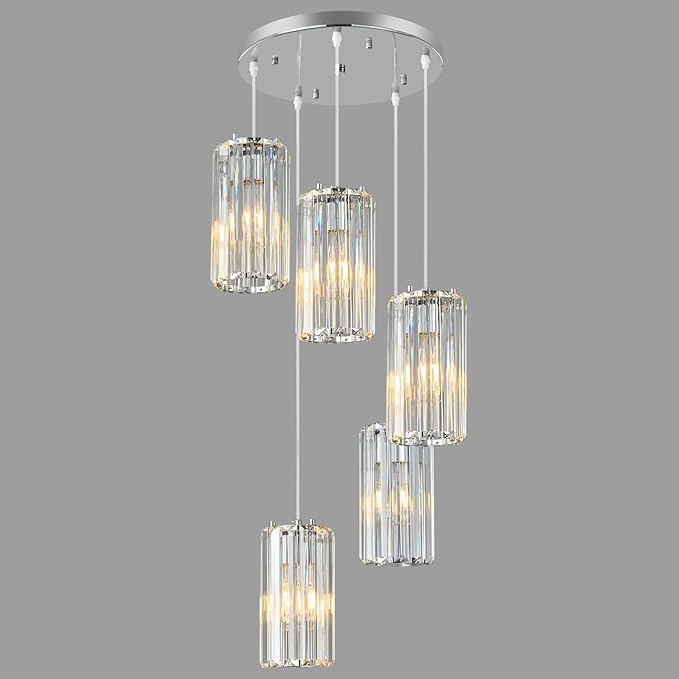 Chrome Pendant Lighting Modern Pendant Light, Mini Crystal Chandeliers,Adjustable Pendant Light Fixture for Kitchen Island Dinning Room Corridor Bedroom…(Gold 5-Light)