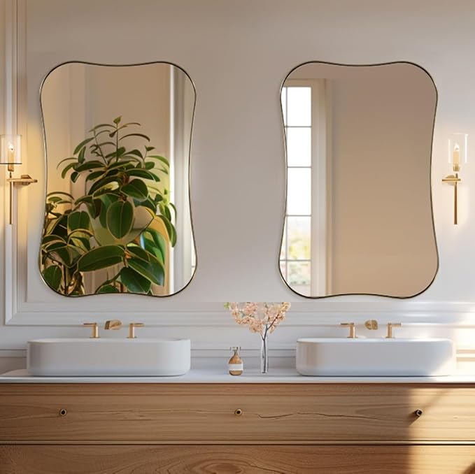 ANDY STAR Brushed Gold Bathroom Mirror, Modern 24x36'' Rounded Scalloped Brass Mirrors with Notched Edges in 1 Inch Stainless Steel Frame Wall Mounted for Bathroom Vanity, Powder Room