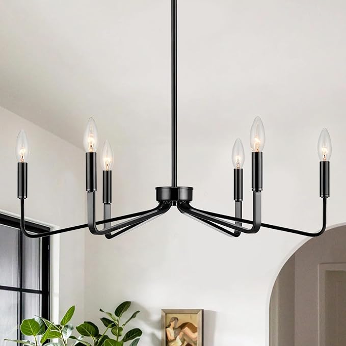 Black Chandelier for Dining Room, 6-Light Farmhouse Kitchen Light Fixtures Over Table, 26" Rustic Candle Chandelier for Bedroom, Foyer, Hall, Living Room, Entryway