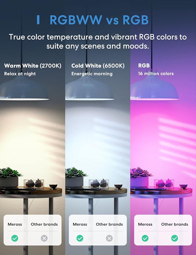 meross Smart LED Light Bulb, Smart WiFi LED Bulbs Compatible with Apple HomeKit, Siri, Alexa, Google Home & SmartThings, Dimmable E26 Multicolor 2700K-6500K RGBWW, 810 Lumens 60W Equivalent, 2 Pack